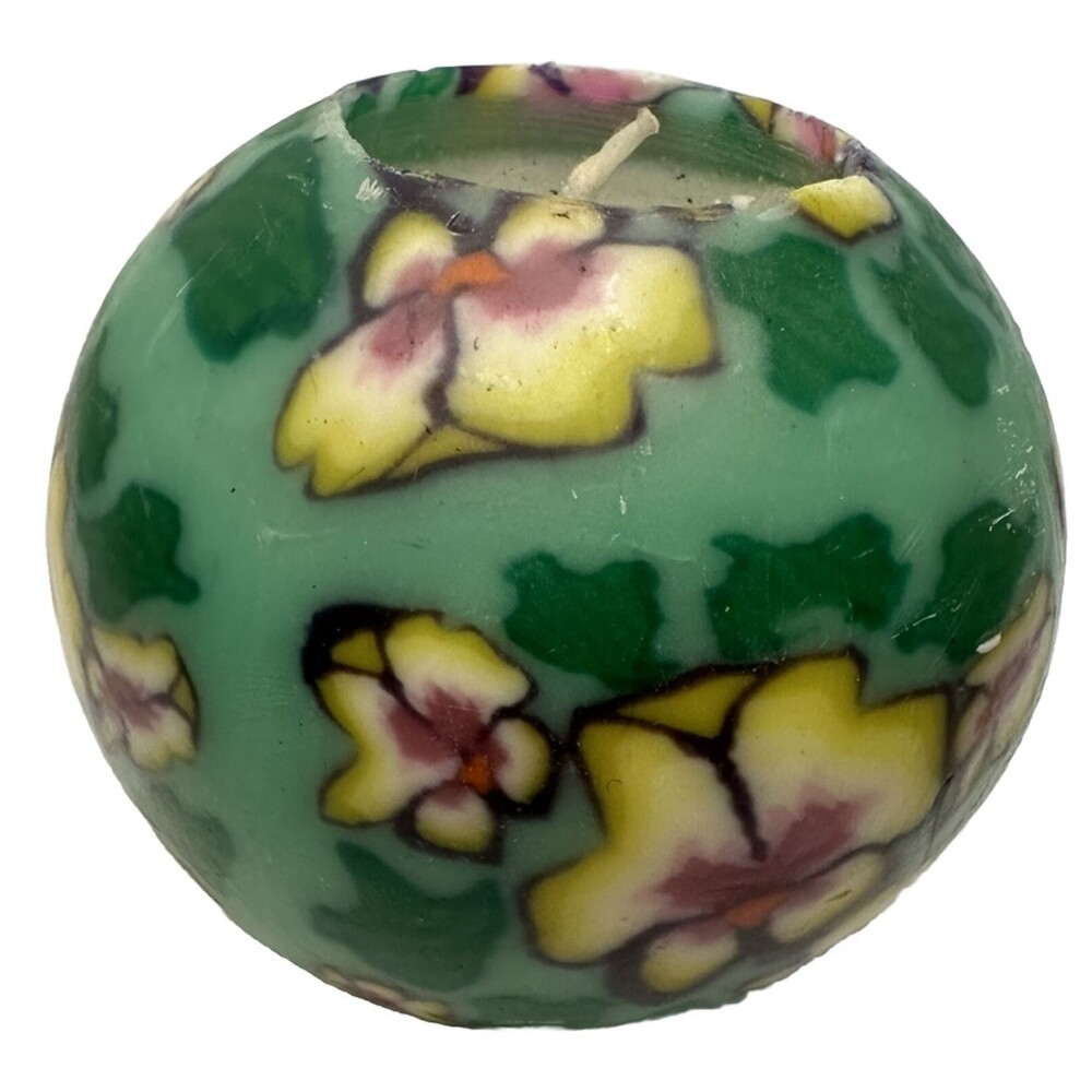 Vintage Green W/Pansies  Globe Candle 4" Unscented - Unused